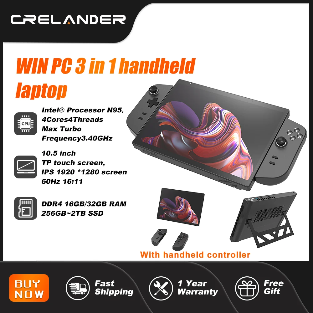 CRELANDER Laptop Intel N95 CPU 4 Cores 4 Threads 10.5 inch TDP Touch Screen 16:11 Ratio M2 2280 SSD Handheld Gaming Laptop