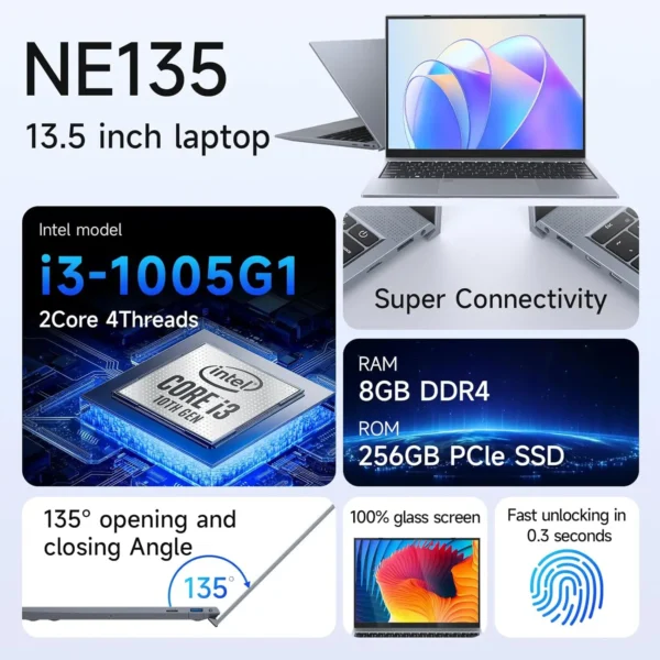 13.5Inch Laptop Intel Core i3-1005G1 8GB RAM 256GB SSD，Windows 11 for Students and Business - Image 2